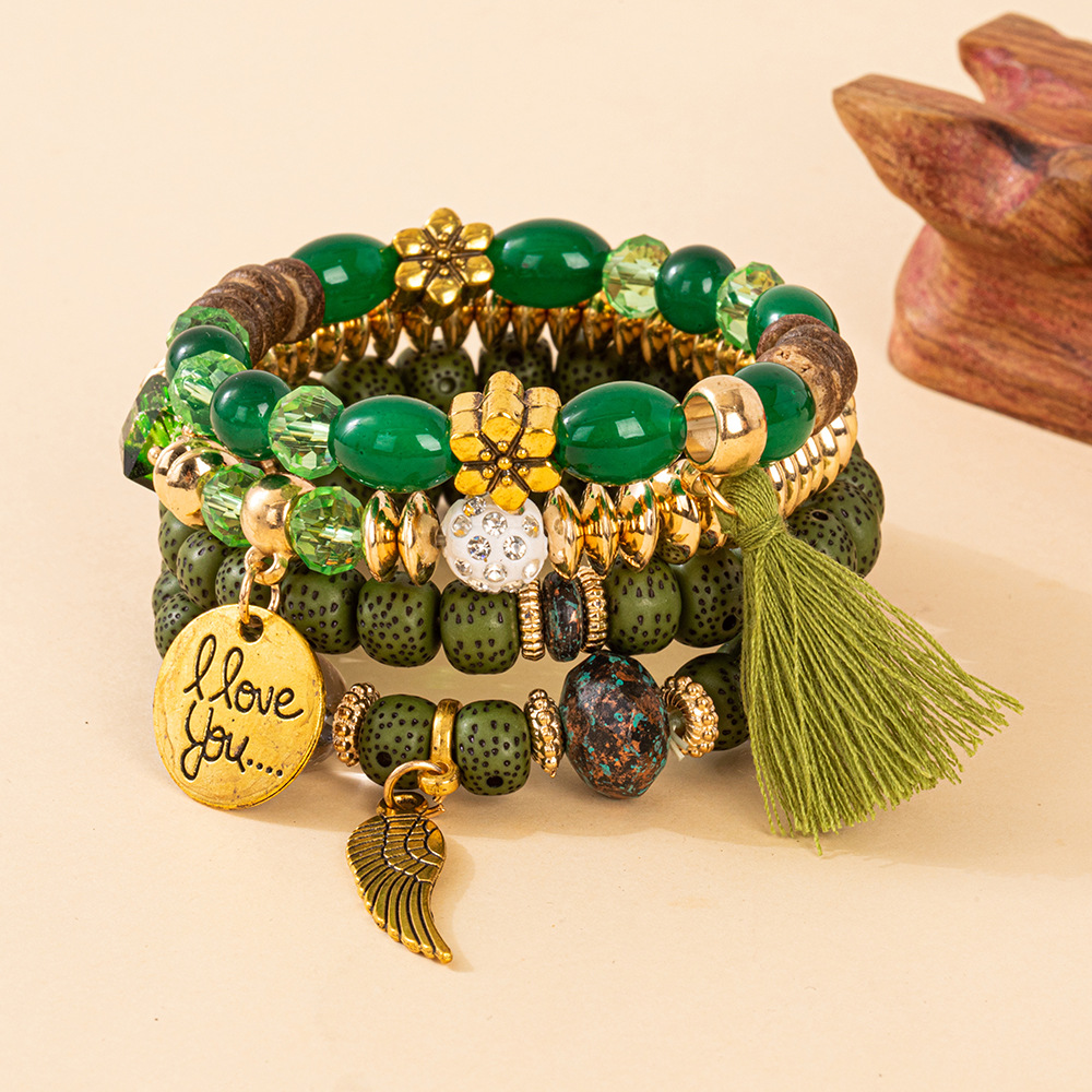 Multiple colors glass alloy resin 6mm Bohemian style Circular wing tassel multi-layer bead bracelet