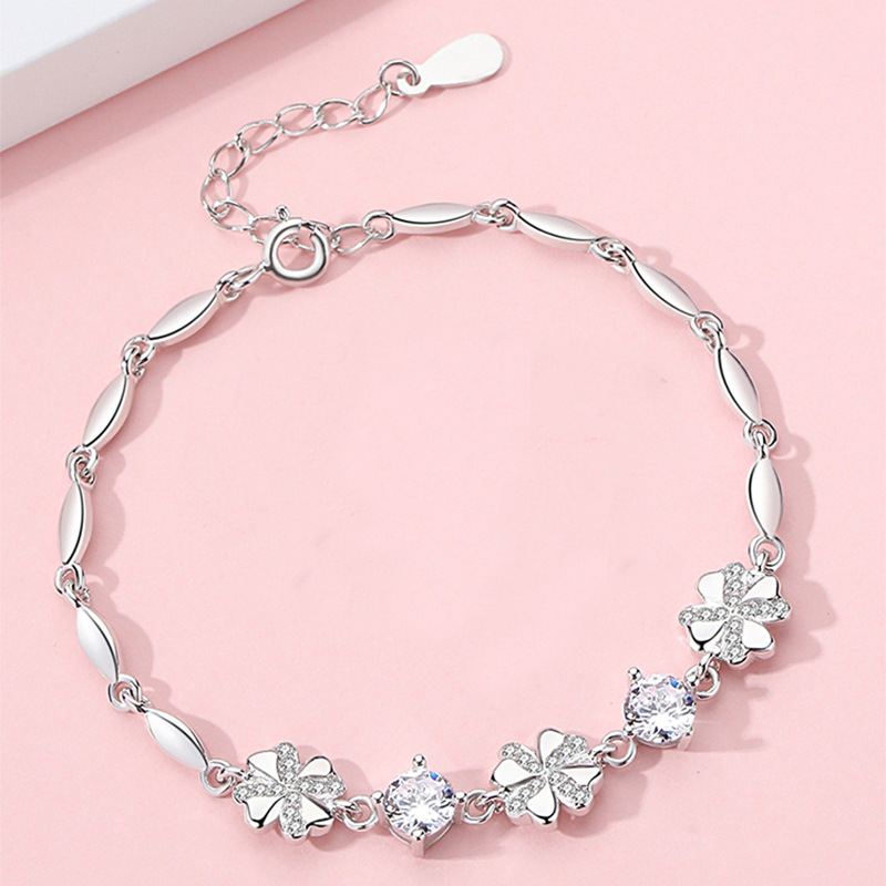 S925 4.6g 17cm+3.5cm extended chain sterling silver Lucky Four-Leaf Clover zircon Bracelet