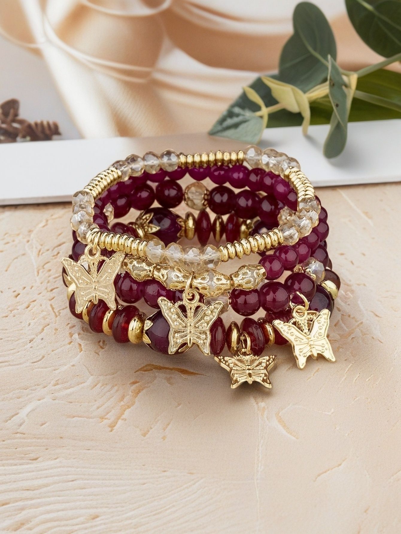 Multiple colors glass alloy resin 6mm Bohemian style Dancing butterflies multi-layer bead bracelet