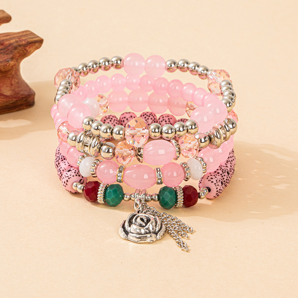 Multiple colors glass alloy resin coloured glaze 6mm Bohemian style Rose Chain multi-layer bead bracelet