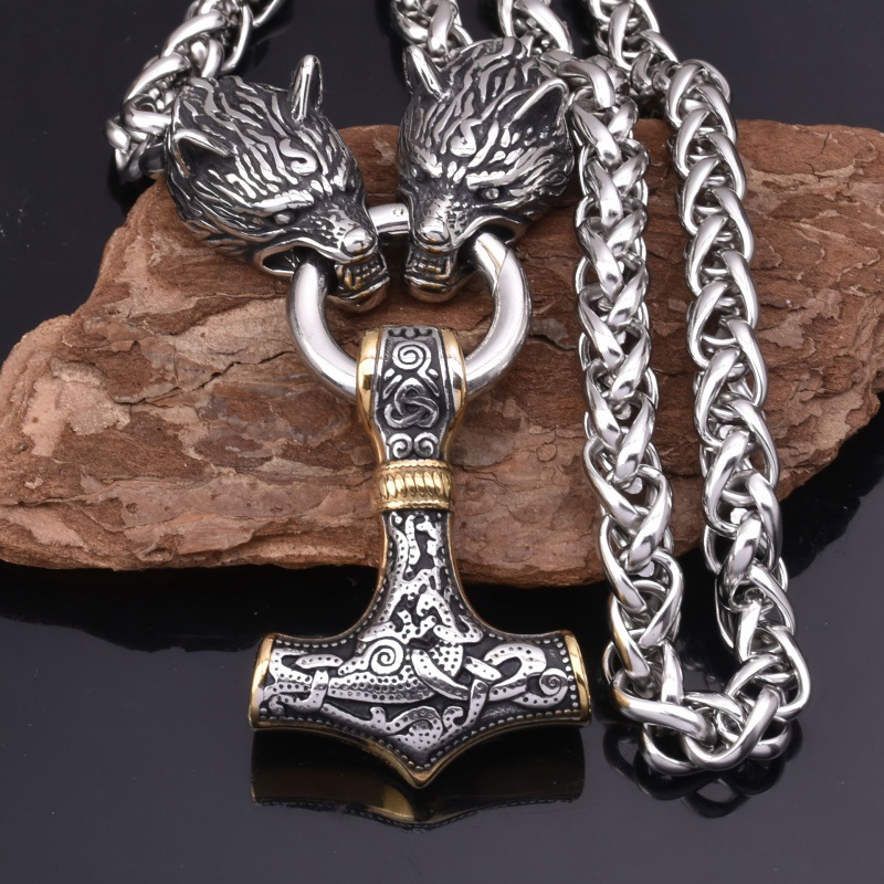 Alloy Material 60 CM Viking Men's Wolf Head Thor Hammer Pendant Necklace