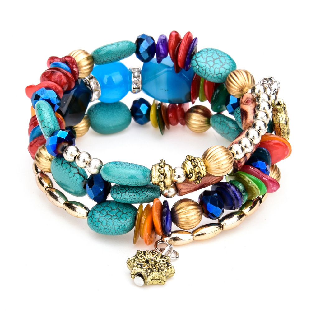 Multiple colors glass alloy resin coloured glaze 6mm Bohemian style Crushed turquoise agate multi-layer bead bracelet