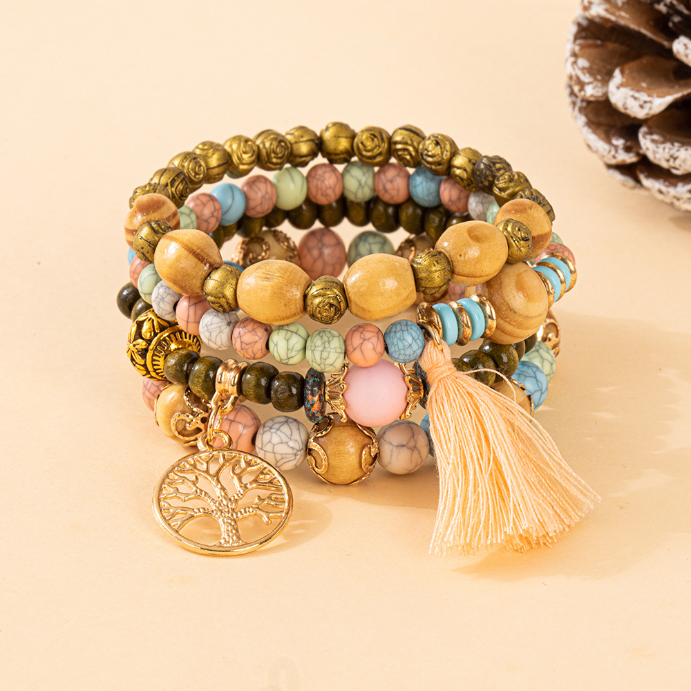 Multiple colors glass alloy resin 6mm Bohemian style Life Tree tassel multi-layer bead bracelet