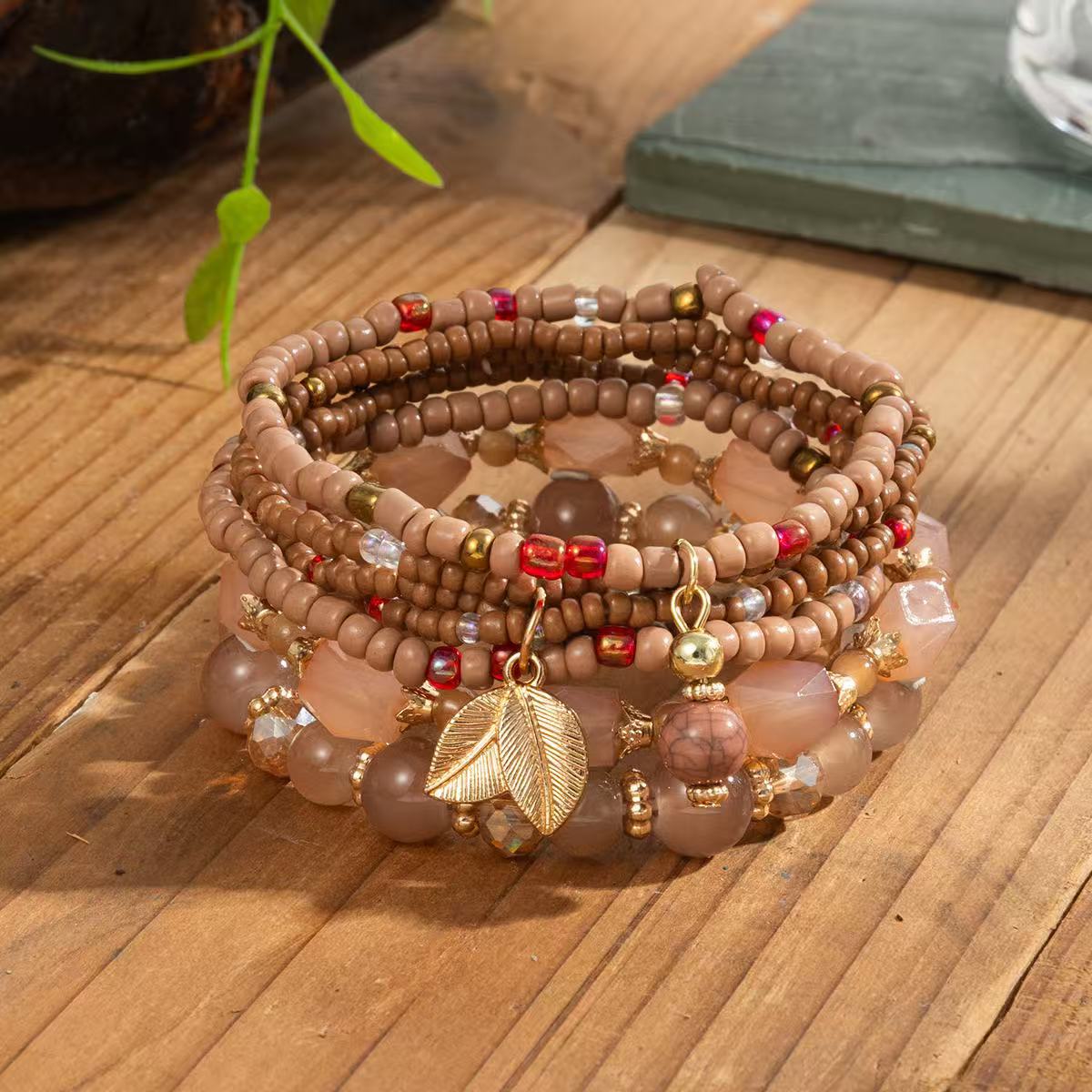 Multiple colors glass alloy resin 6mm Bohemian style Geometric leaves multi-layer bead bracelet