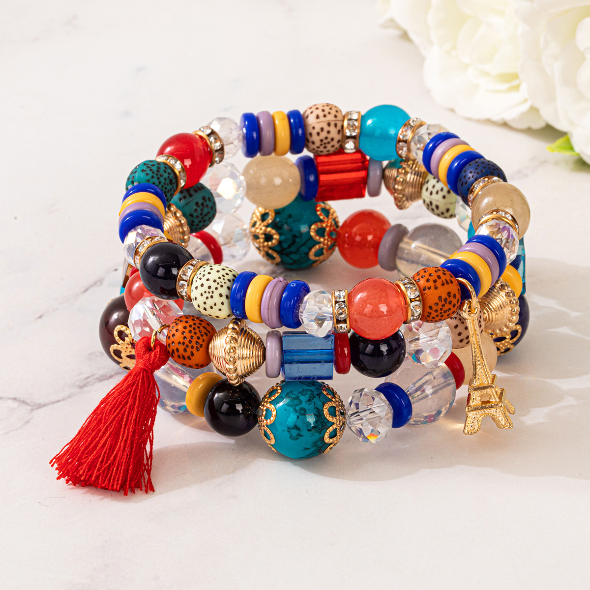 Multiple colors glass alloy resin coloured glaze 6mm Bohemian style Iron tower tassel multi-layer bead bracelet