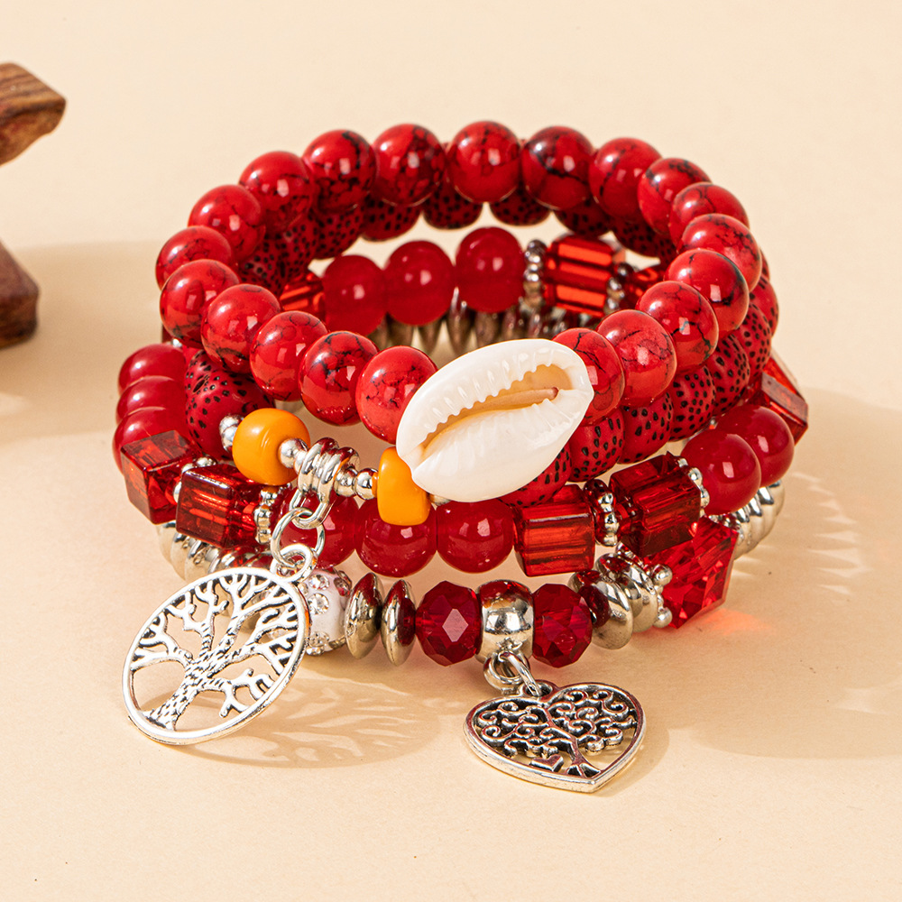 Multiple colors glass alloy resin coloured glaze 6mm Bohemian style Conch Love Life Tree multi-layer bead bracelet