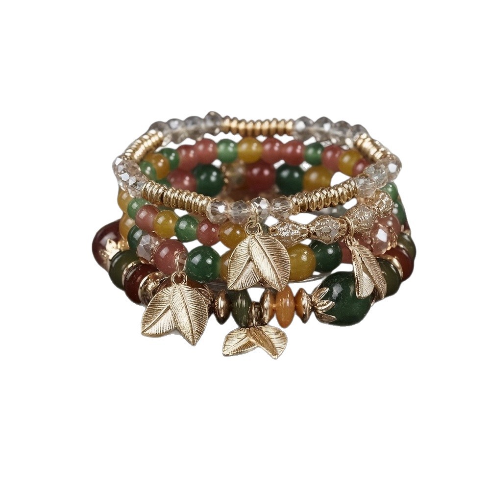 Multiple colors glass alloy resin 6mm Bohemian style 4 simple leaves multi-layer bead bracelet