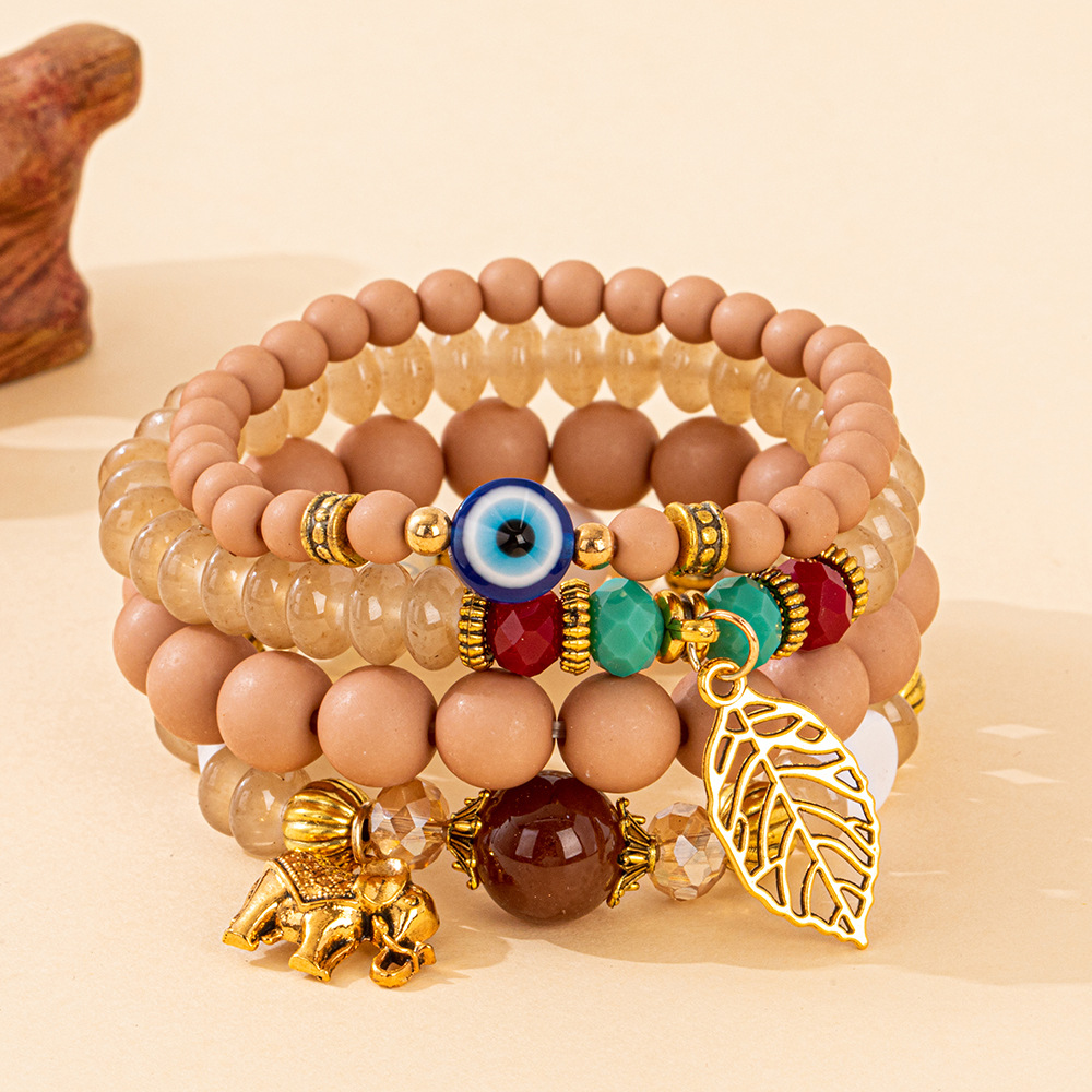 Multiple colors glass alloy resin coloured glaze 6mm Bohemian style Hollow Life Leaves Elephant multi-layer bead bracelet