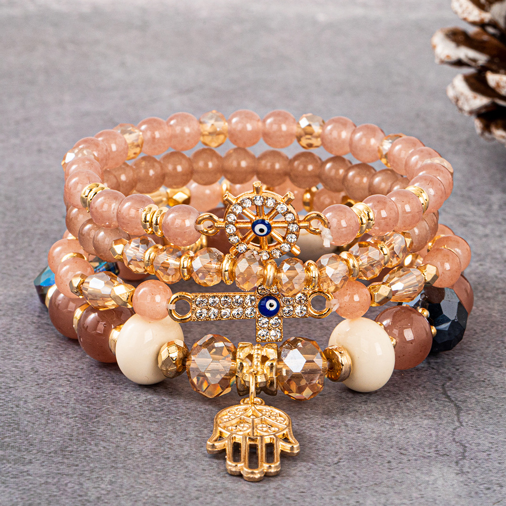Multiple colors glass alloy resin coloured glaze 6mm Bohemian style Cross Palm Ship Anchor multi-layer bead bracelet