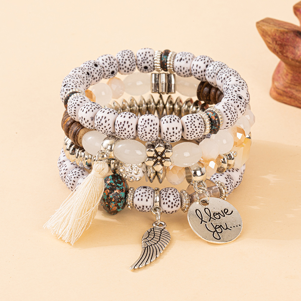 Multiple colors glass alloy resin 6mm Bohemian style Circular wing tassel multi-layer bead bracelet