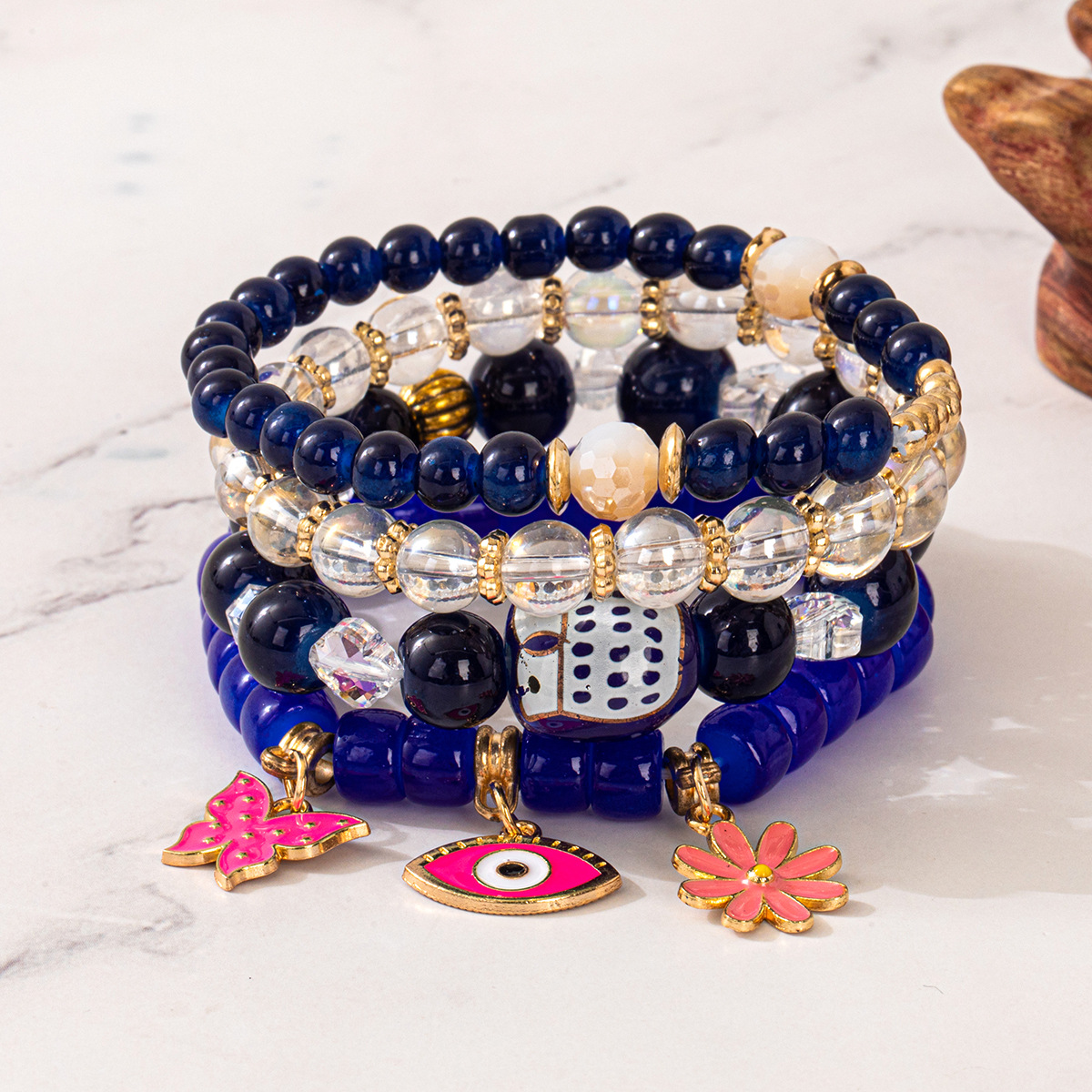 Multiple colors glass alloy resin coloured glaze 6mm Bohemian style Flower Eyes Butterfly multi-layer bead bracelet