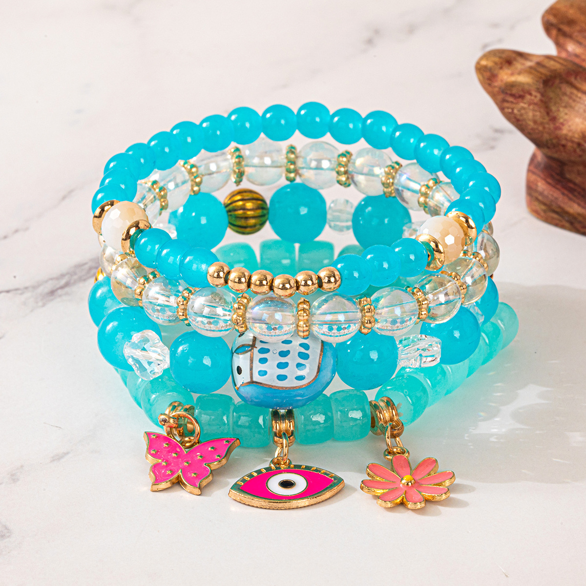 Multiple colors glass alloy resin coloured glaze 6mm Bohemian style Flower Eyes Butterfly multi-layer bead bracelet