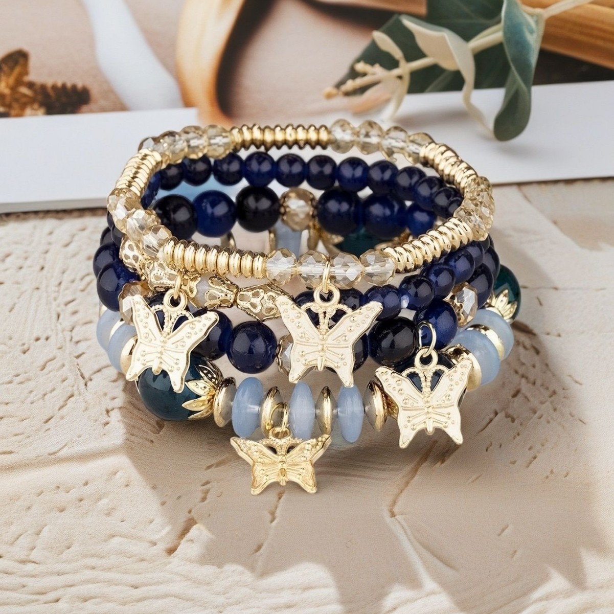 Multiple colors glass alloy resin 6mm Bohemian style Dancing butterflies multi-layer bead bracelet