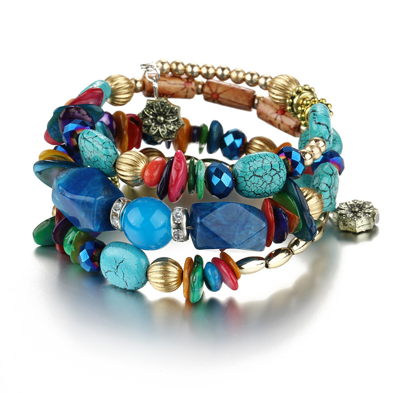 Multiple colors glass alloy resin coloured glaze 6mm Bohemian style Flower Agate turquoise bead multi-layer bead bracelet