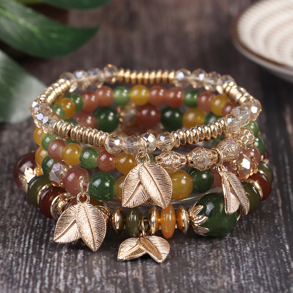Multiple colors glass alloy resin 6mm Bohemian style 4 simple leaves multi-layer bead bracelet