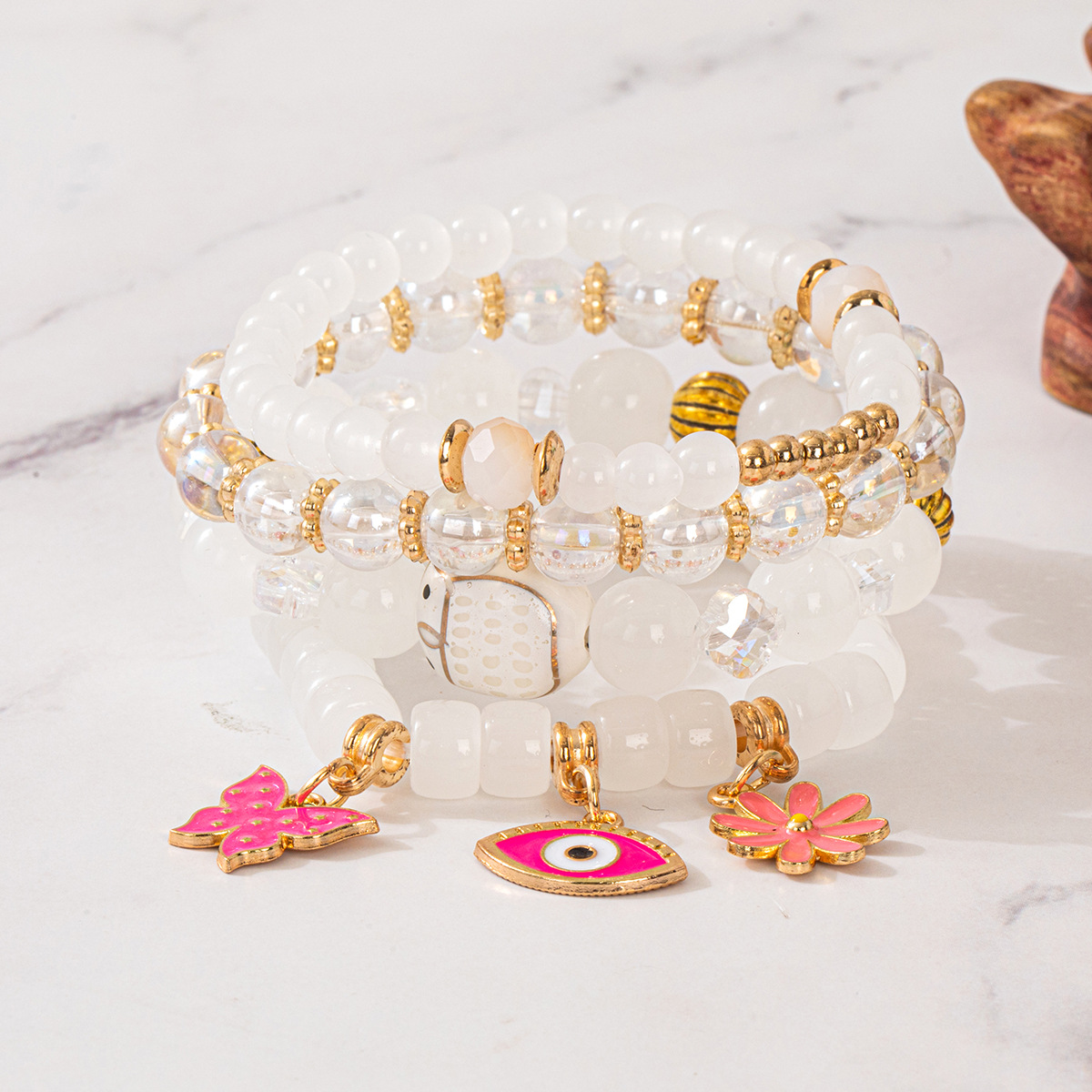 Multiple colors glass alloy resin coloured glaze 6mm Bohemian style Flower Eyes Butterfly multi-layer bead bracelet