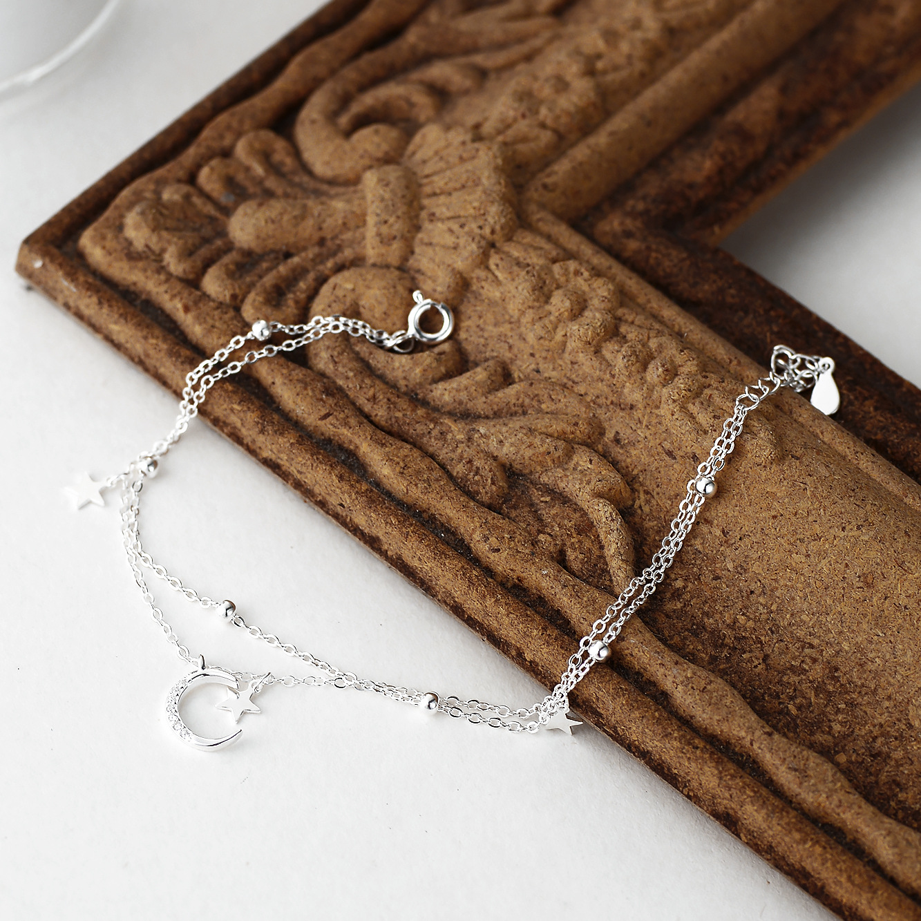 S925 1.7g 16cm+ 3.5cm extended chain sterling silver Double layered stars and moon bracelet  
