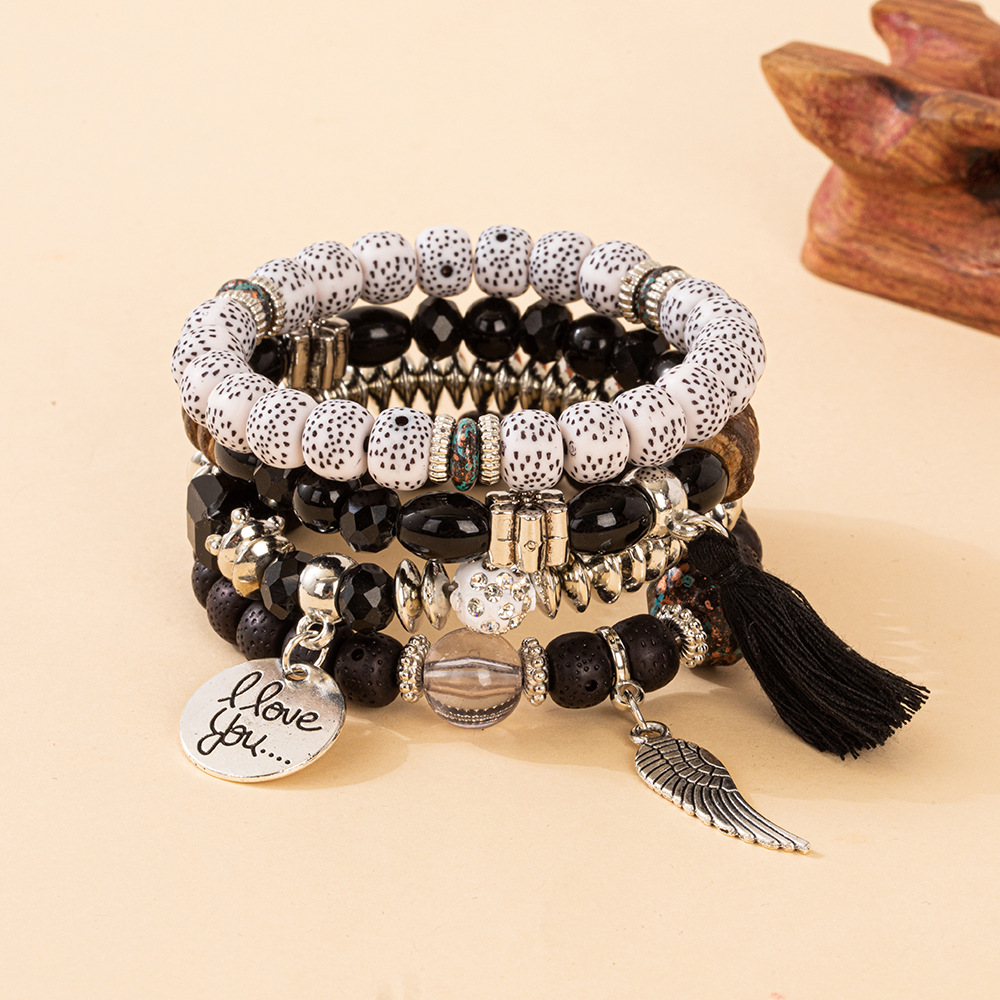 Multiple colors glass alloy resin 6mm Bohemian style Circular wing tassel multi-layer bead bracelet