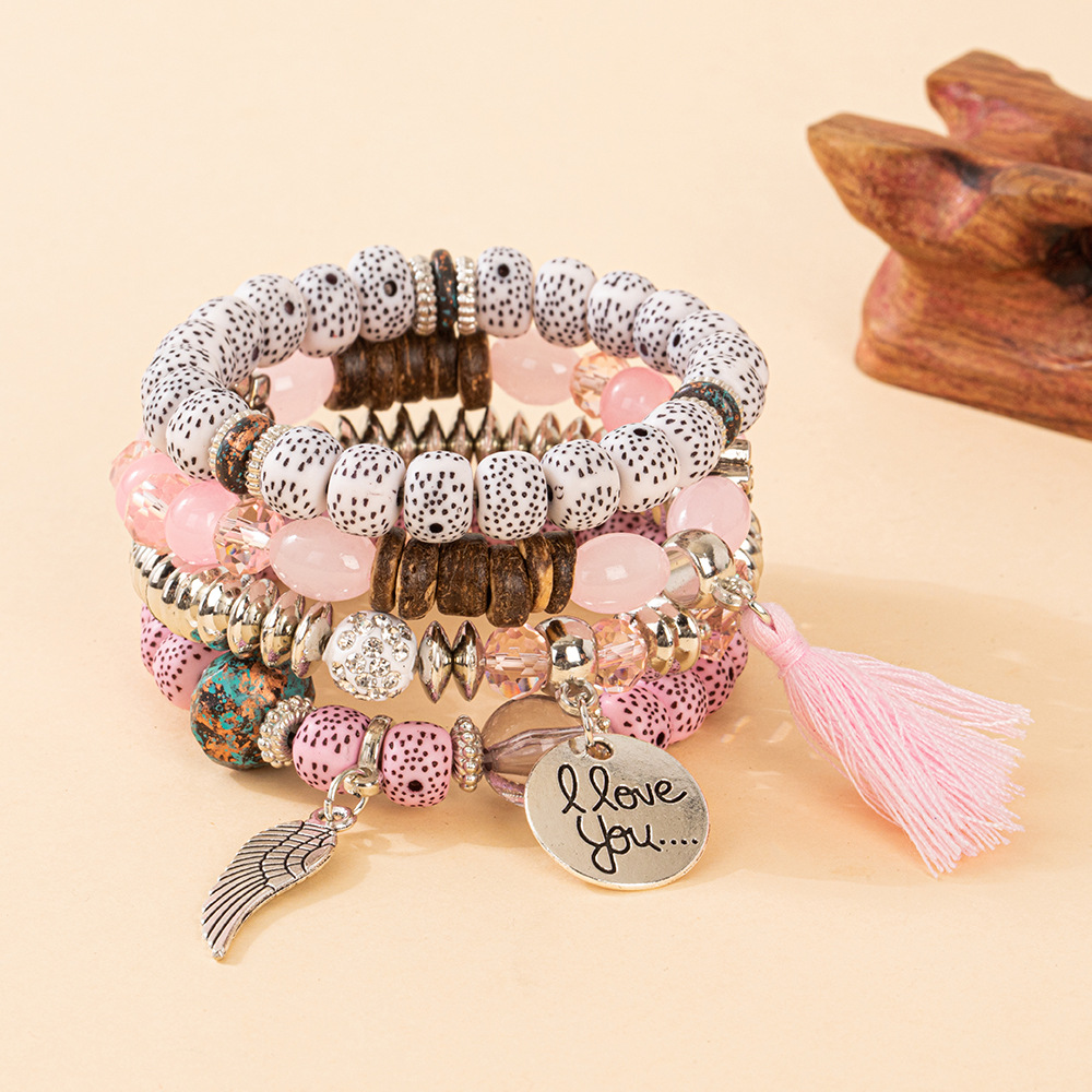 Multiple colors glass alloy resin 6mm Bohemian style Circular wing tassel multi-layer bead bracelet