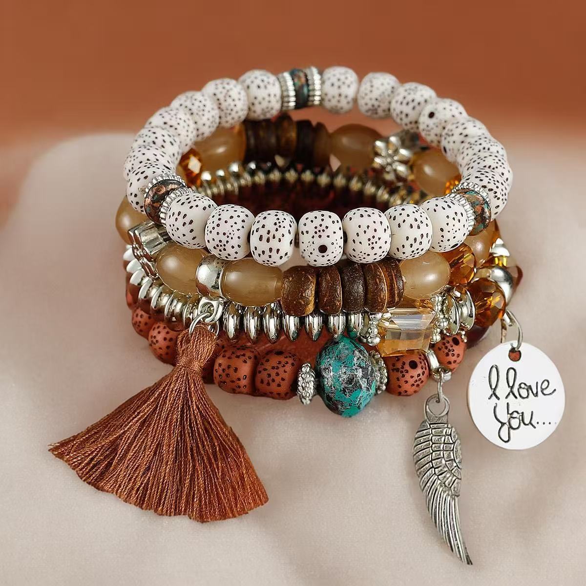 Multiple colors glass alloy resin 6mm Bohemian style Circular wing tassel multi-layer bead bracelet