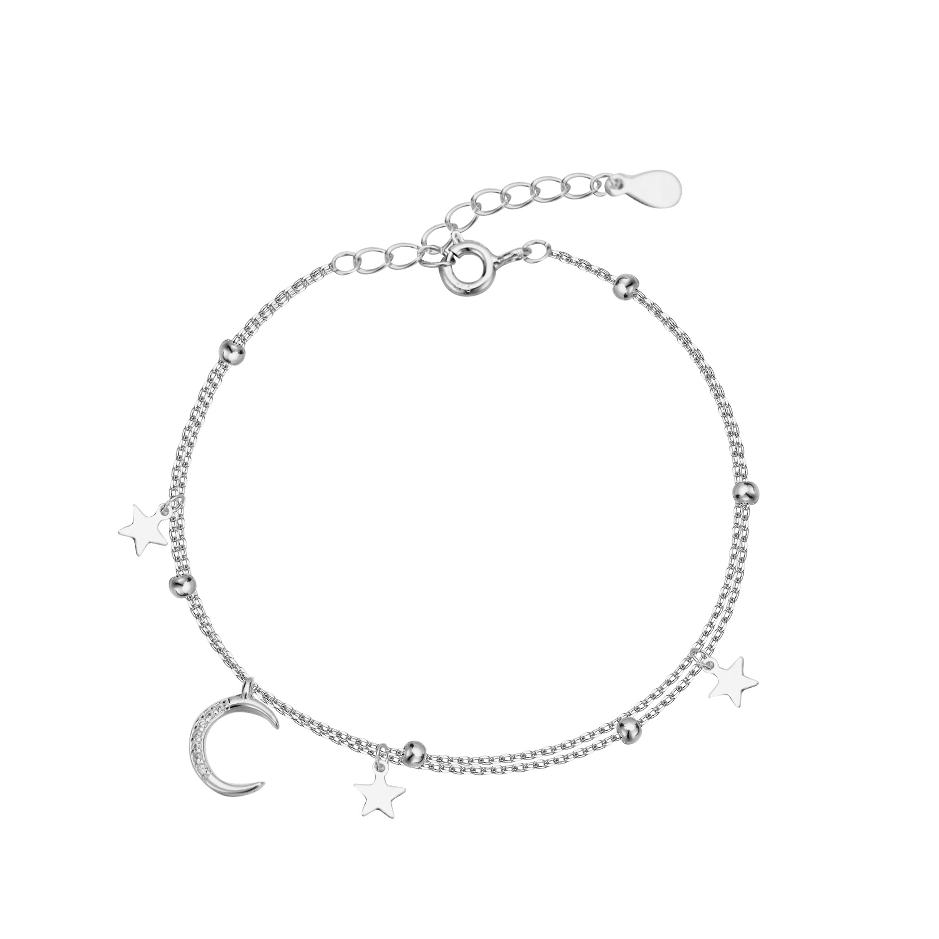 S925 1.7g 16cm+ 3.5cm extended chain sterling silver Double layered stars and moon bracelet  