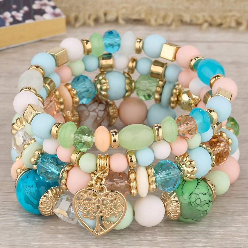 Multiple colors glass alloy resin 6mm Bohemian style hollow heart multi-layer bead bracelet