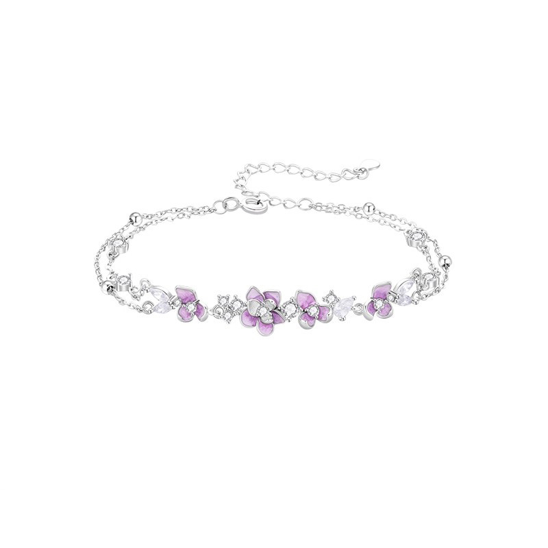 S925 4.6g 16cm+3.5cm extended chain sterling silver Double layered wisteria flower zircon Bracelet