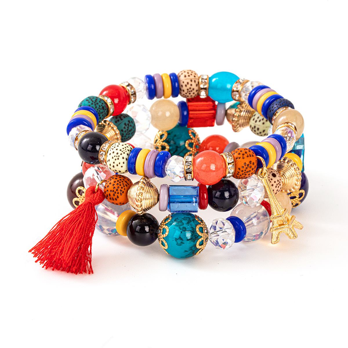 Multiple colors glass alloy resin coloured glaze 6mm Bohemian style Iron tower tassel multi-layer bead bracelet