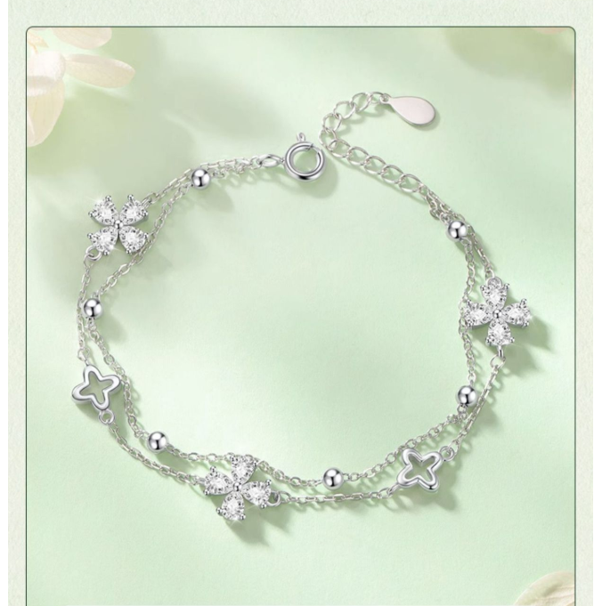 S925 2.77g 16cm+3.5cm extended chain sterling silver Double layered four leaf clover zircon Bracelet