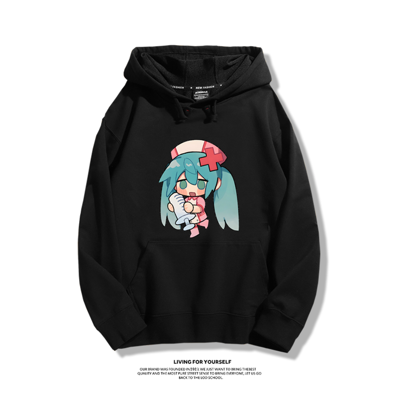 日系Q版初音未來聯名衛衣2023秋冬新款親子情侶裝薄絨款連帽衛衣