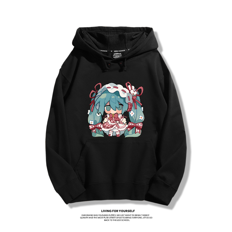 日系Q版初音未來聯名衛衣2023秋冬新款親子情侶裝薄絨款連帽衛衣