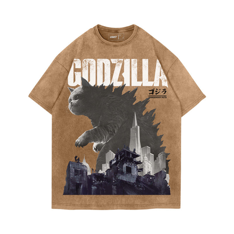 貓咪Godzilla水洗做舊  印花水洗短袖