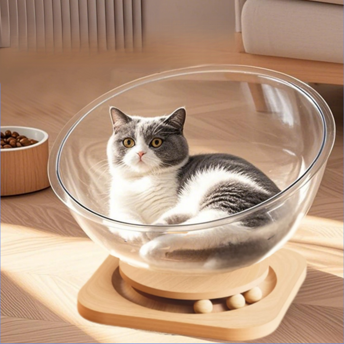 Transparent Space Capsule Cat Nest with Trackball Toys and Solid Wood Base, Pet Bed