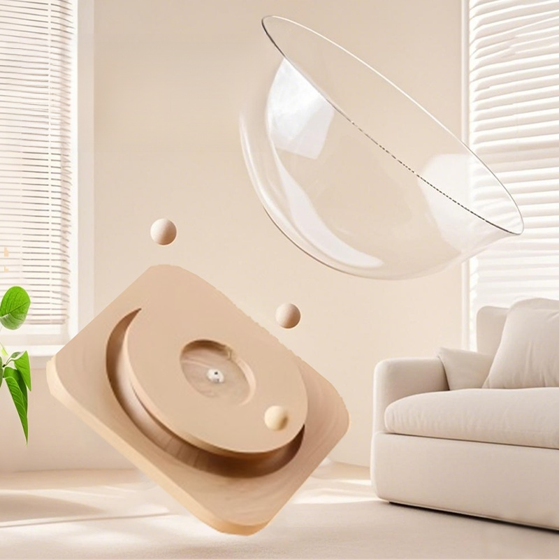 Transparent Space Capsule Cat Nest with Trackball Toys and Solid Wood Base, Pet Bed