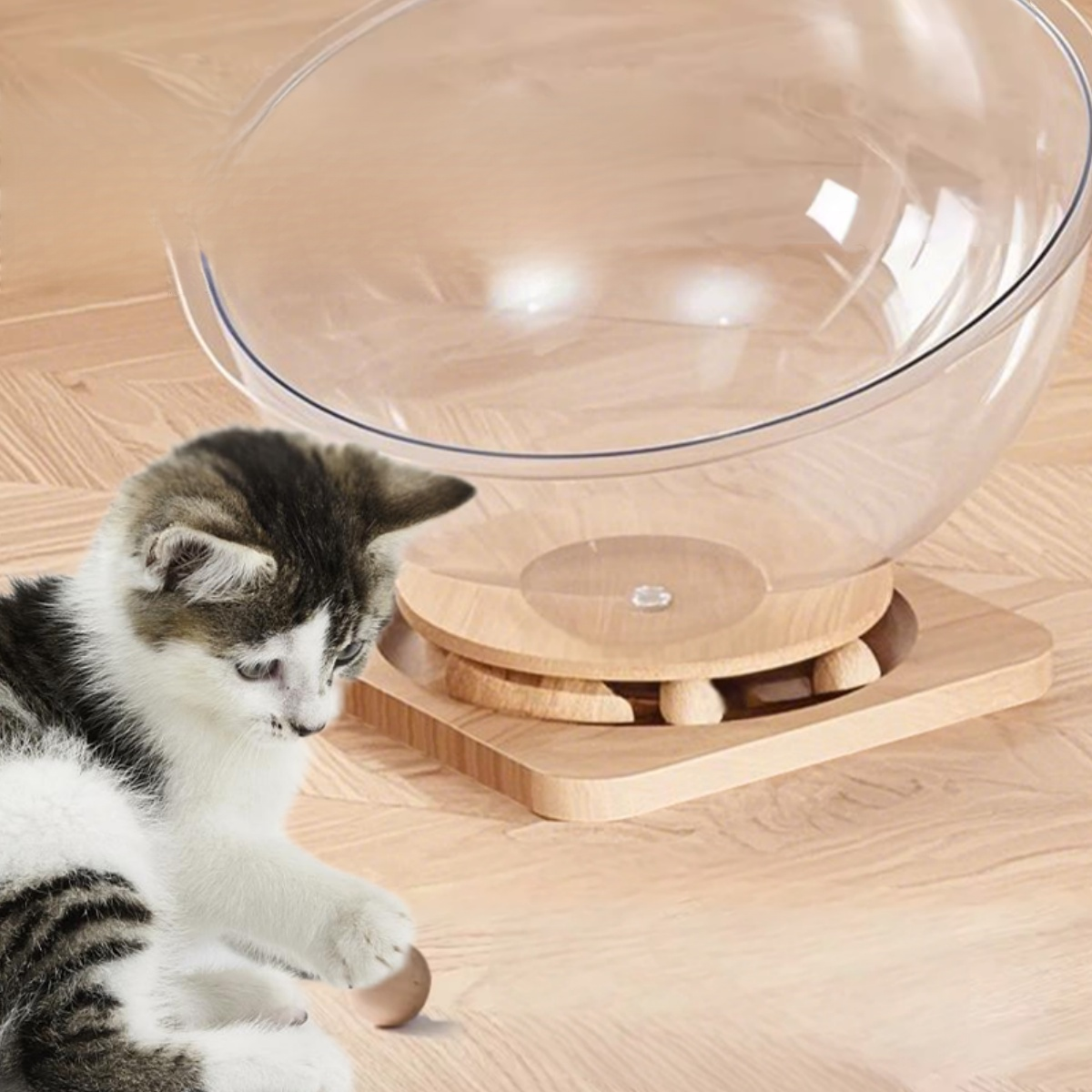 Transparent Space Capsule Cat Nest with Trackball Toys and Solid Wood Base, Pet Bed