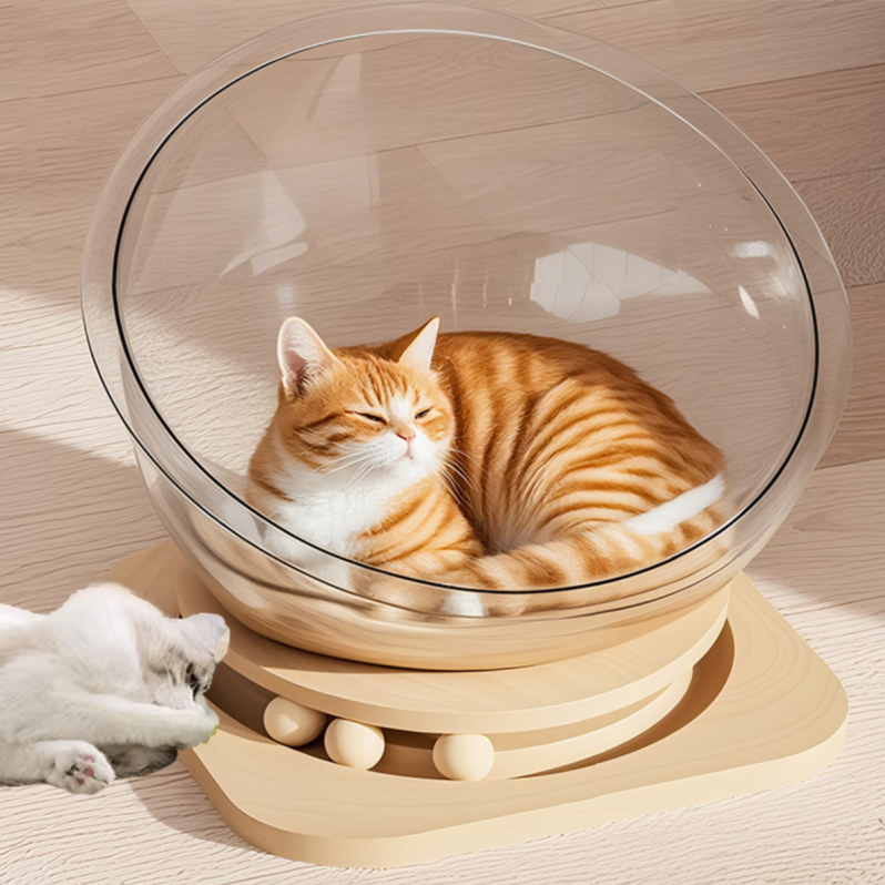Transparent Space Capsule Cat Nest with Trackball Toys and Solid Wood Base, Pet Bed