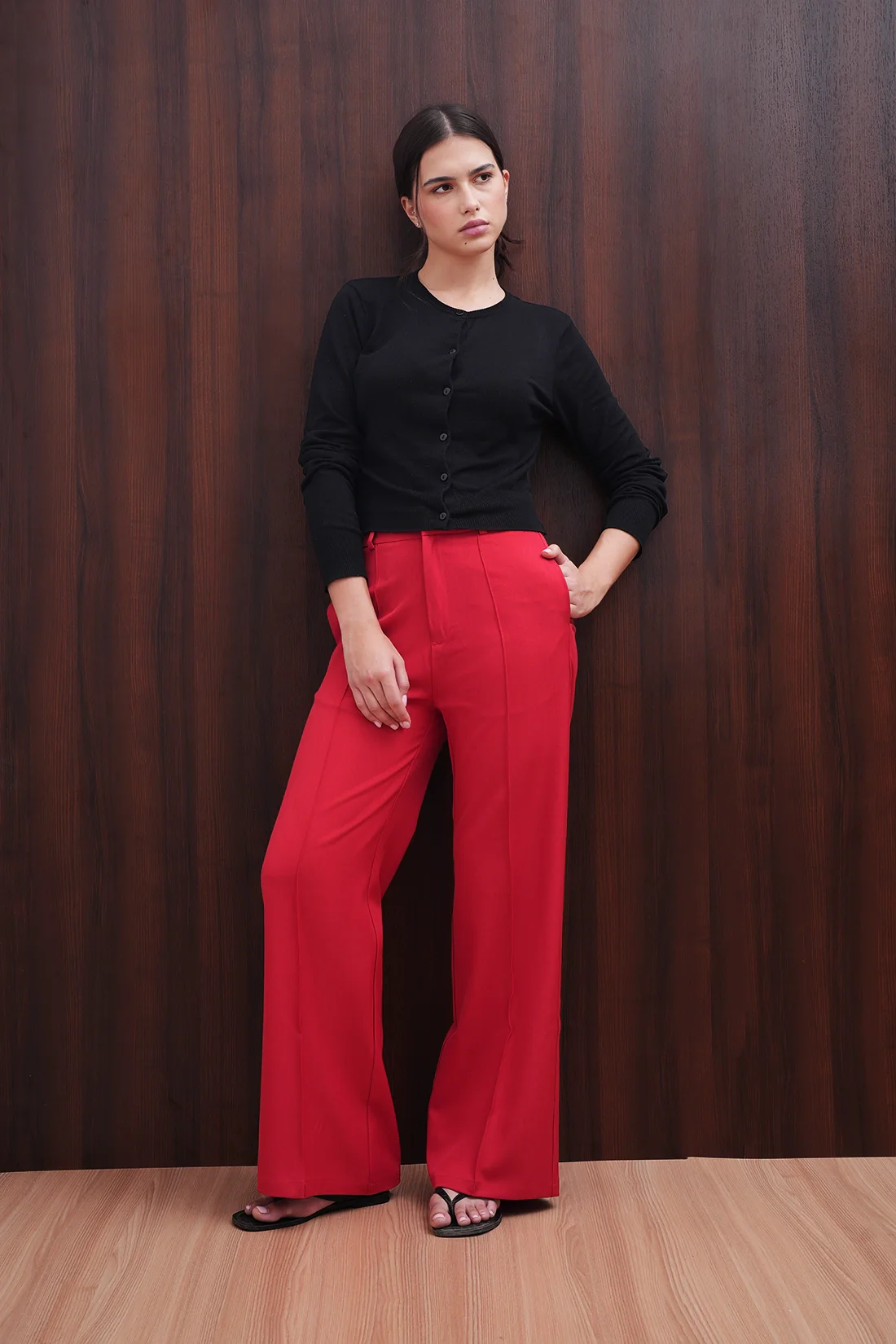 Red Straight Fit Pintuck Trousers