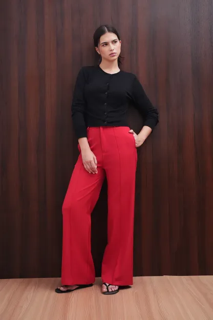 Red Straight Fit Pintuck Trousers