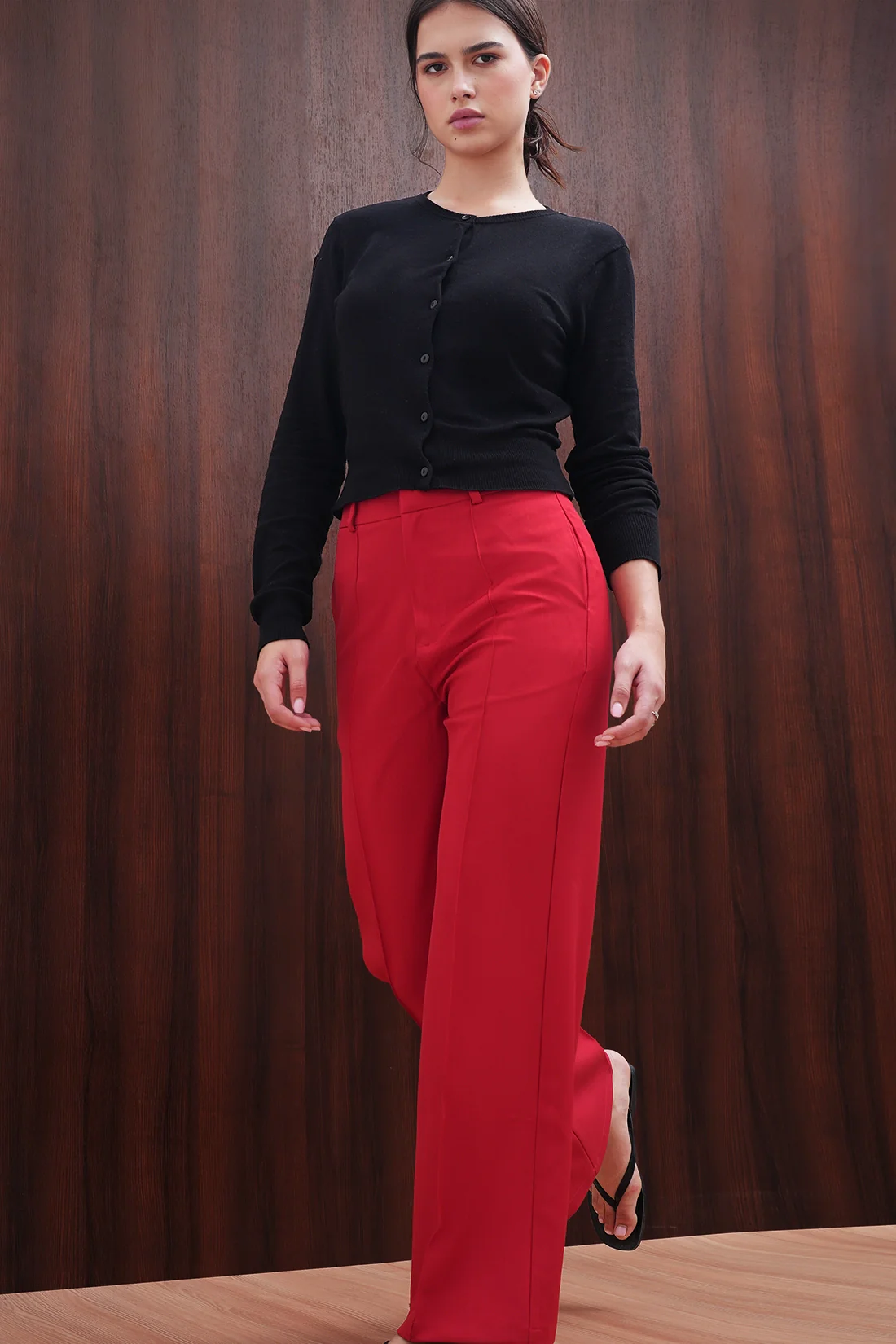 Red Straight Fit Pintuck Trousers