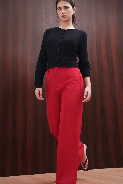 Red Straight Fit Pintuck Trousers
