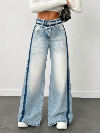 Blue Extra Wide-Leg Jeans with Track Detailing