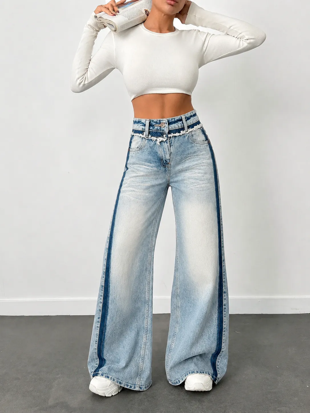 Blue Extra Wide-Leg Jeans with Track Detailing