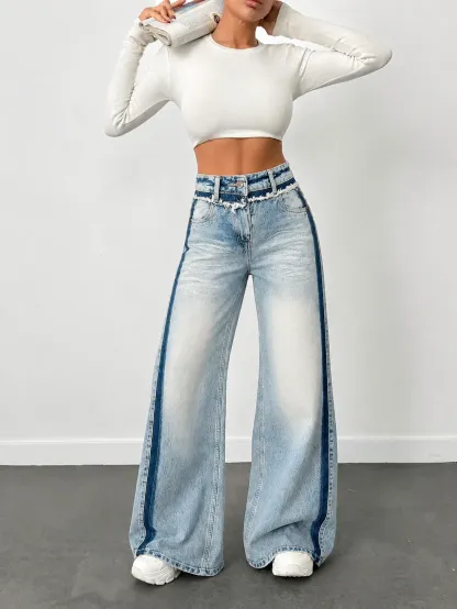 Blue Extra Wide-Leg Jeans with Track Detailing