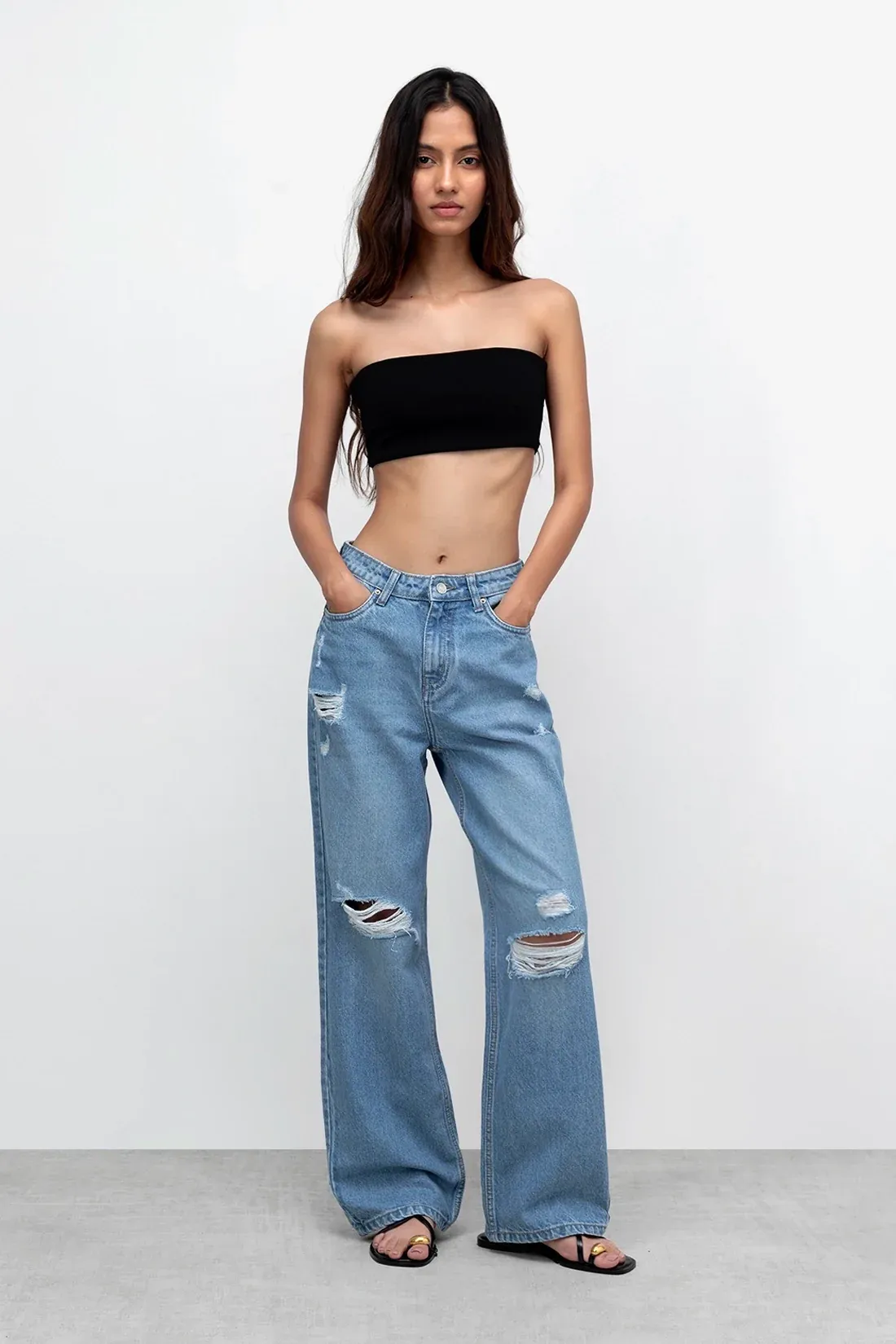 Stone Blue Distressed Straight Jeans