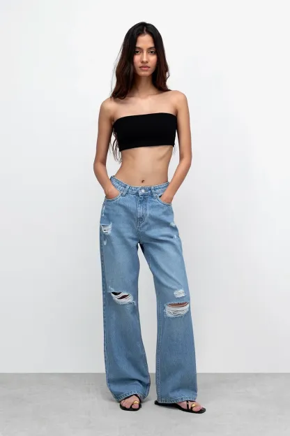 Stone Blue Distressed Straight Jeans