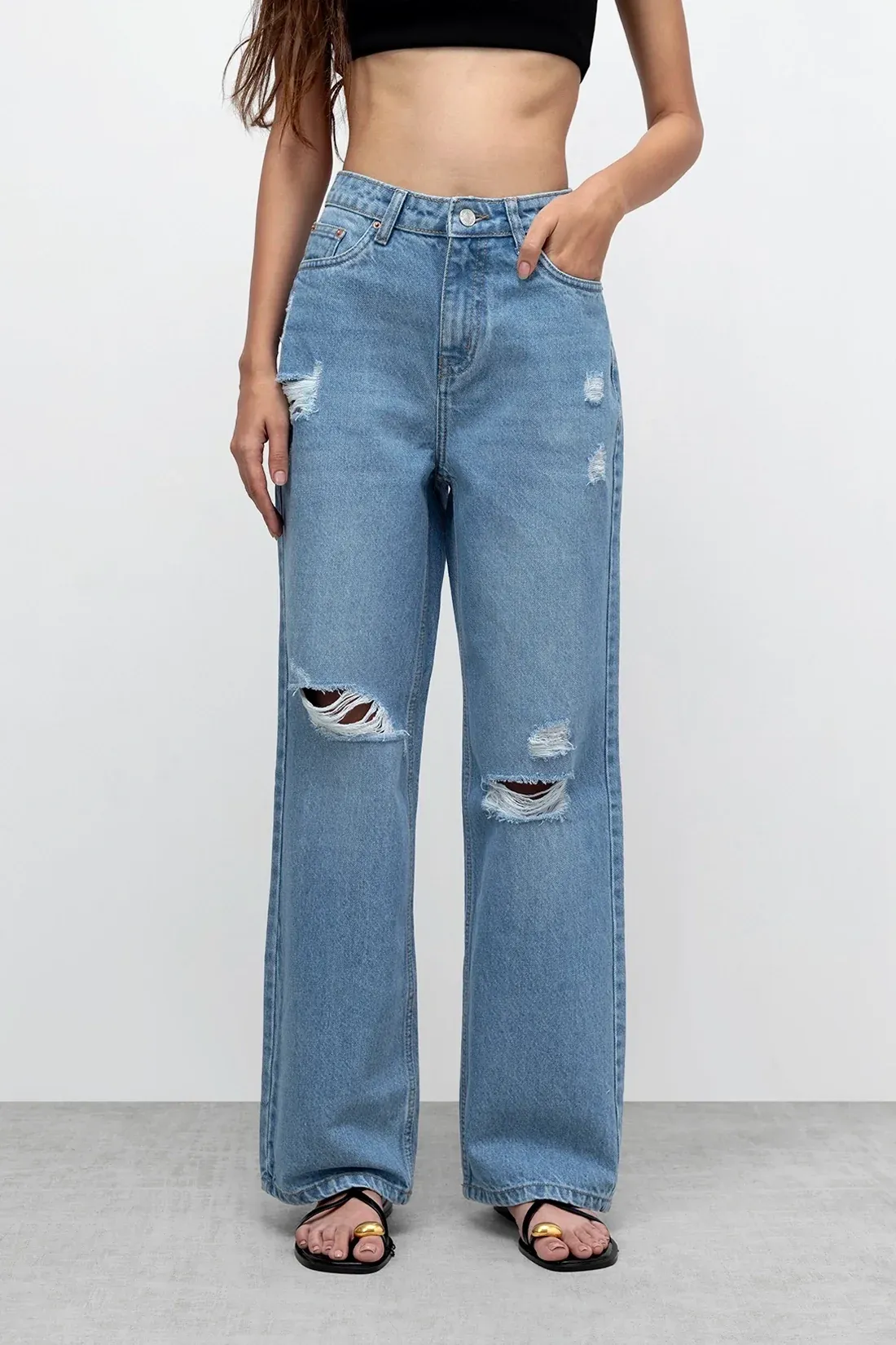 Stone Blue Distressed Straight Jeans
