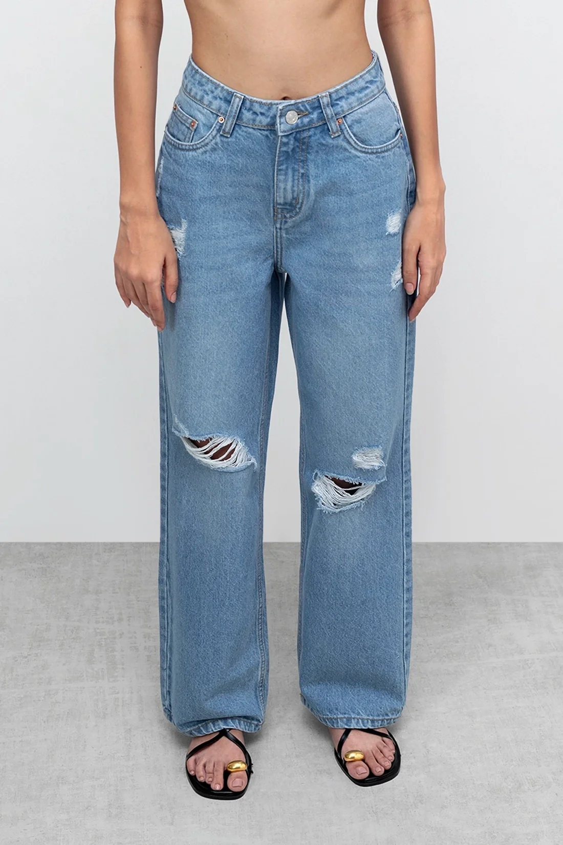 Stone Blue Distressed Straight Jeans