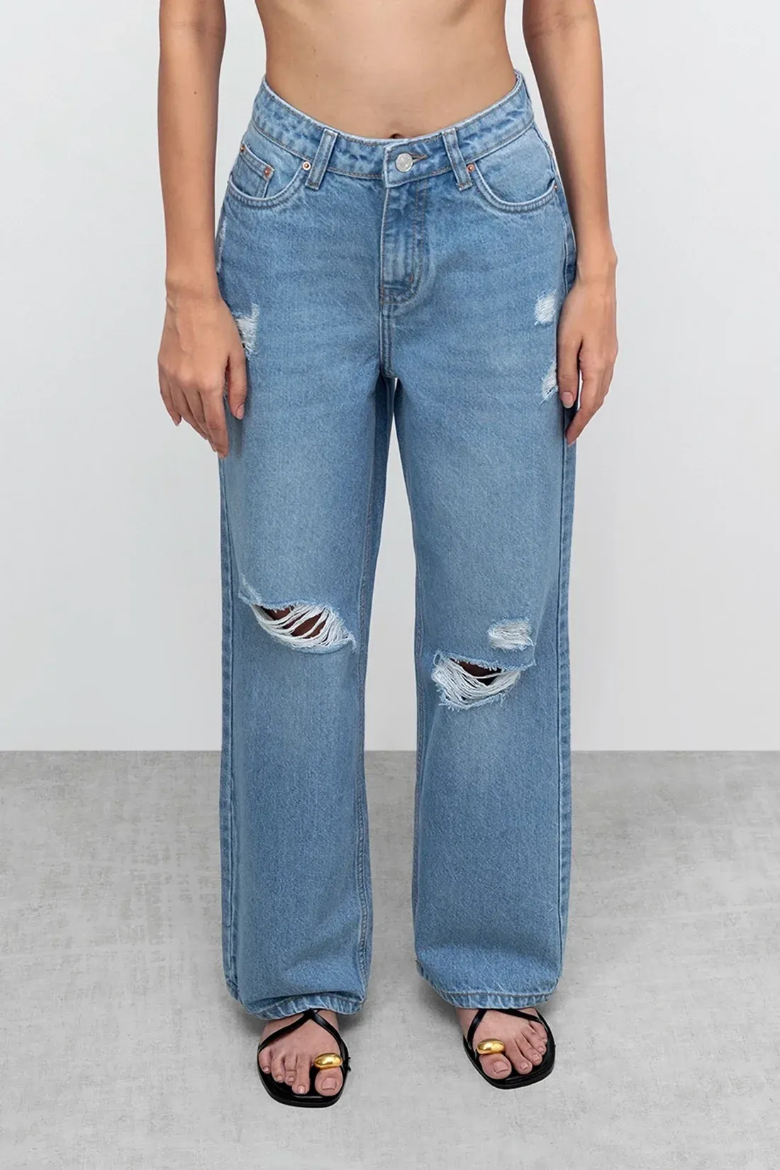 Stone Blue Distressed Straight Jeans