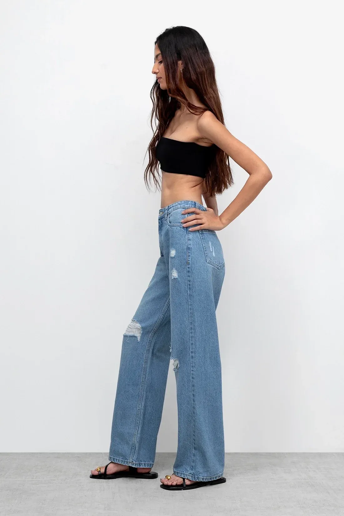 Stone Blue Distressed Straight Jeans
