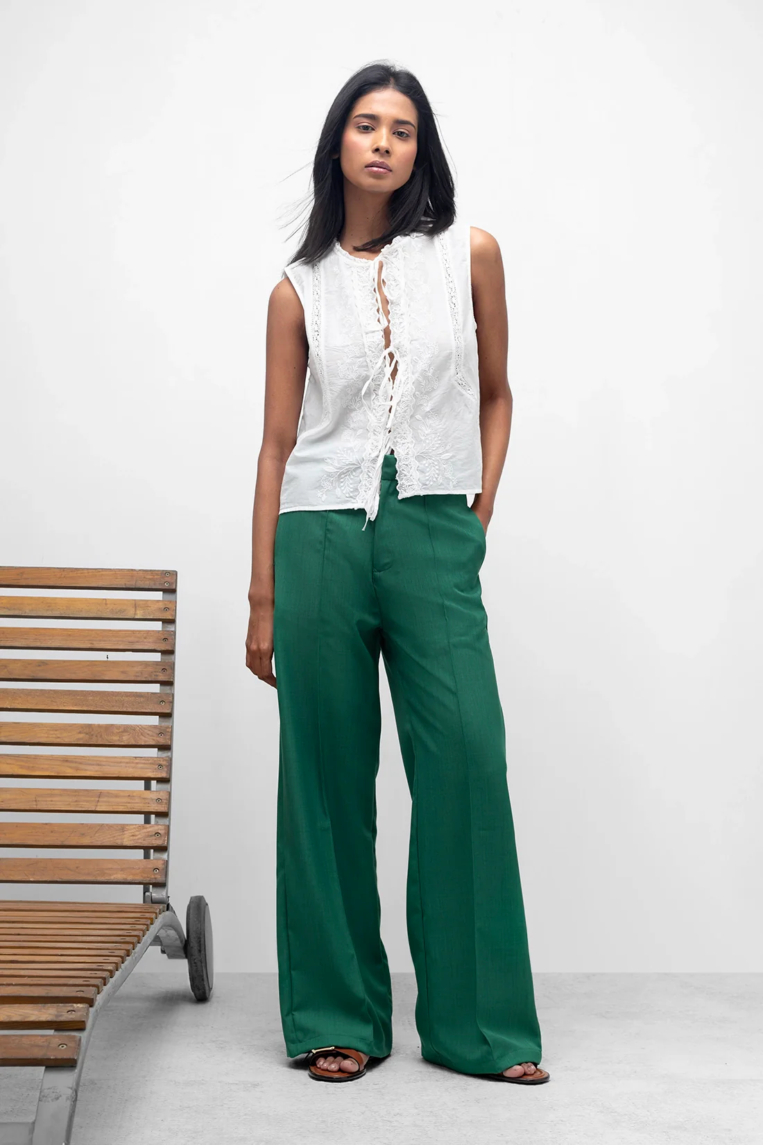 Green Straight Fit Pintuck Trousers